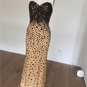 Elegant Black and Tan Polka Dot Evening Gown